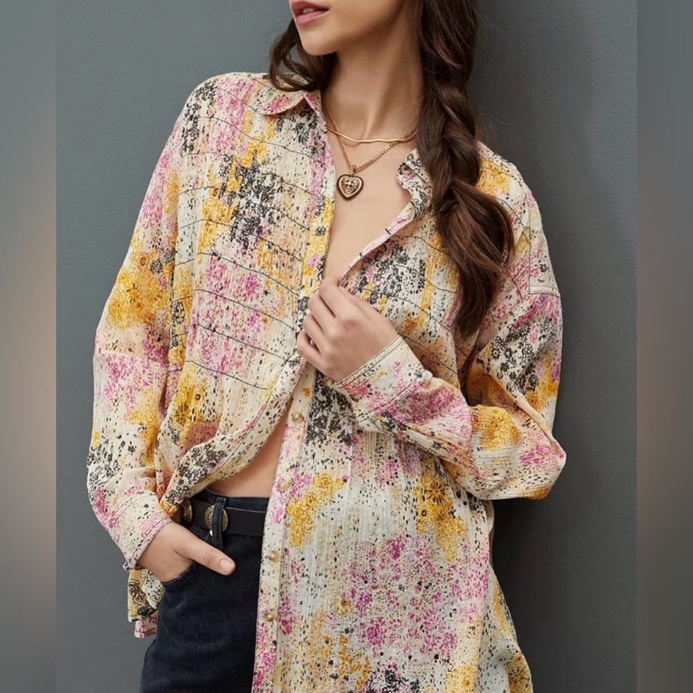 Pilcro Multicolor Abstract Blouse Smocked Pastel Colors Small